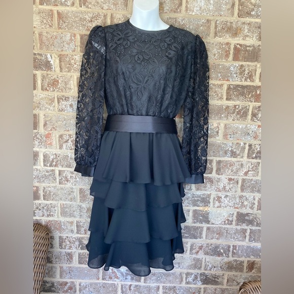Mavinette Dresses & Skirts - 70s Vintage Mavinette Black lace layered ruffles Dress with Belt Sz 8 Goth Fairy